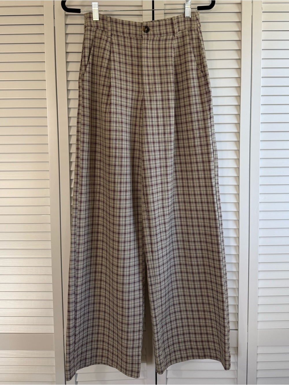 Cotton Candy LA High-Waisted Wide Leg Plaid Women’s Pants in Beige and Brown